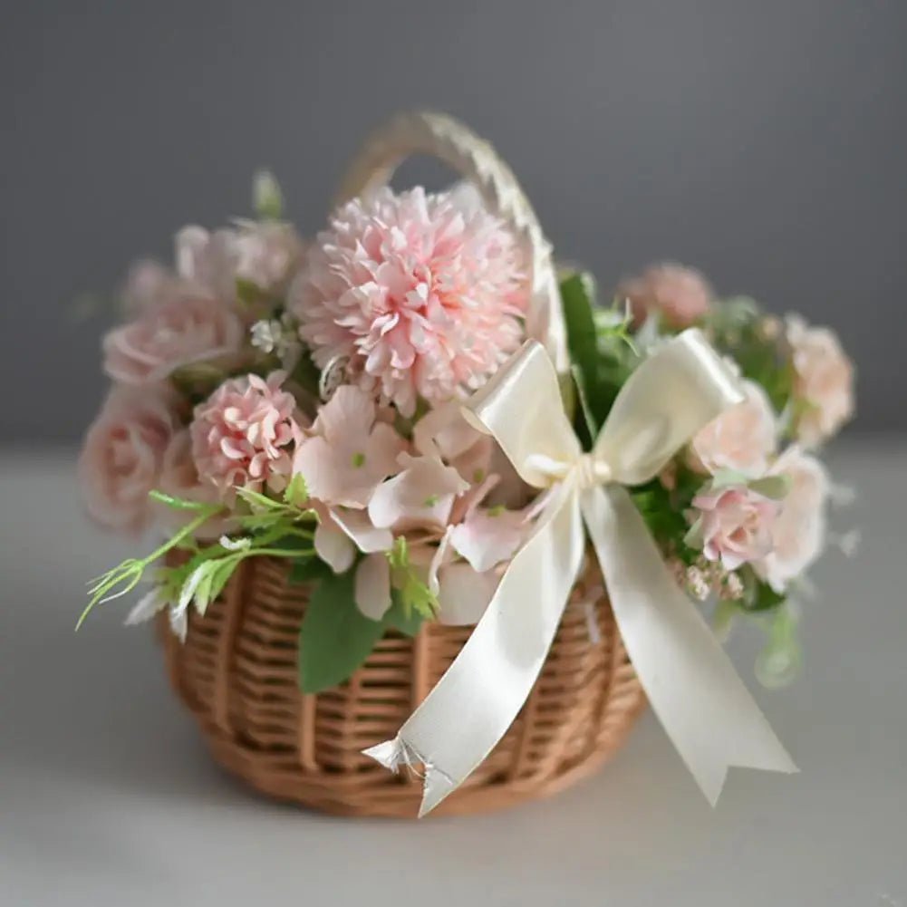 Hand - woven Wedding Flower Basket With Handle Wicker Sundries Basket Wedding Flower Girls Basket for Home Picnic Storage Basket - VELORA LABS