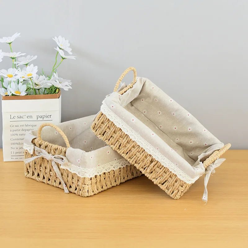 Woven Storage Baskets Kitchen Organizer Handwoven with Handles Cosmetic Box for Breakfast Fruit Bedroom Bathroom Home Decorative - VELORA LABS