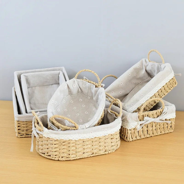 Woven Storage Baskets Kitchen Organizer Handwoven with Handles Cosmetic Box for Breakfast Fruit Bedroom Bathroom Home Decorative - VELORA LABS