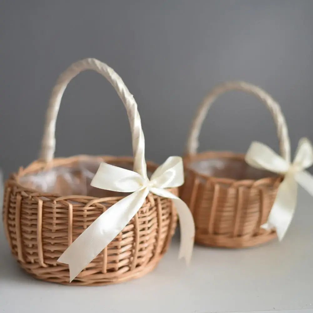 Hand - woven Wedding Flower Basket With Handle Wicker Sundries Basket Wedding Flower Girls Basket for Home Picnic Storage Basket - VELORA LABS