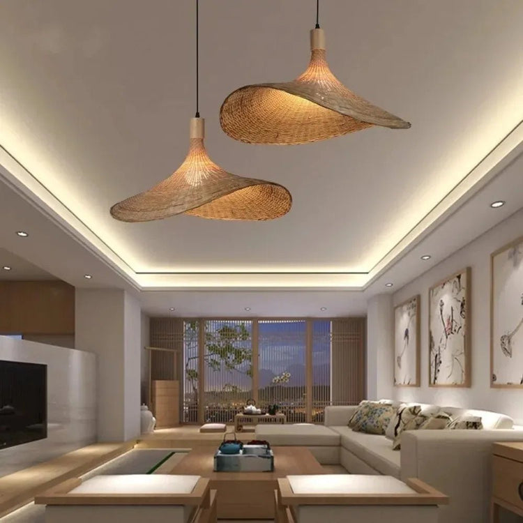 Pendant Light Rattan Hanging Lights Cord Bamboo Hanging Lamp Dimmable Basket Lamp Shade,Hemp Rope Plug in Ceiling Light Fixture - VELORA LABS