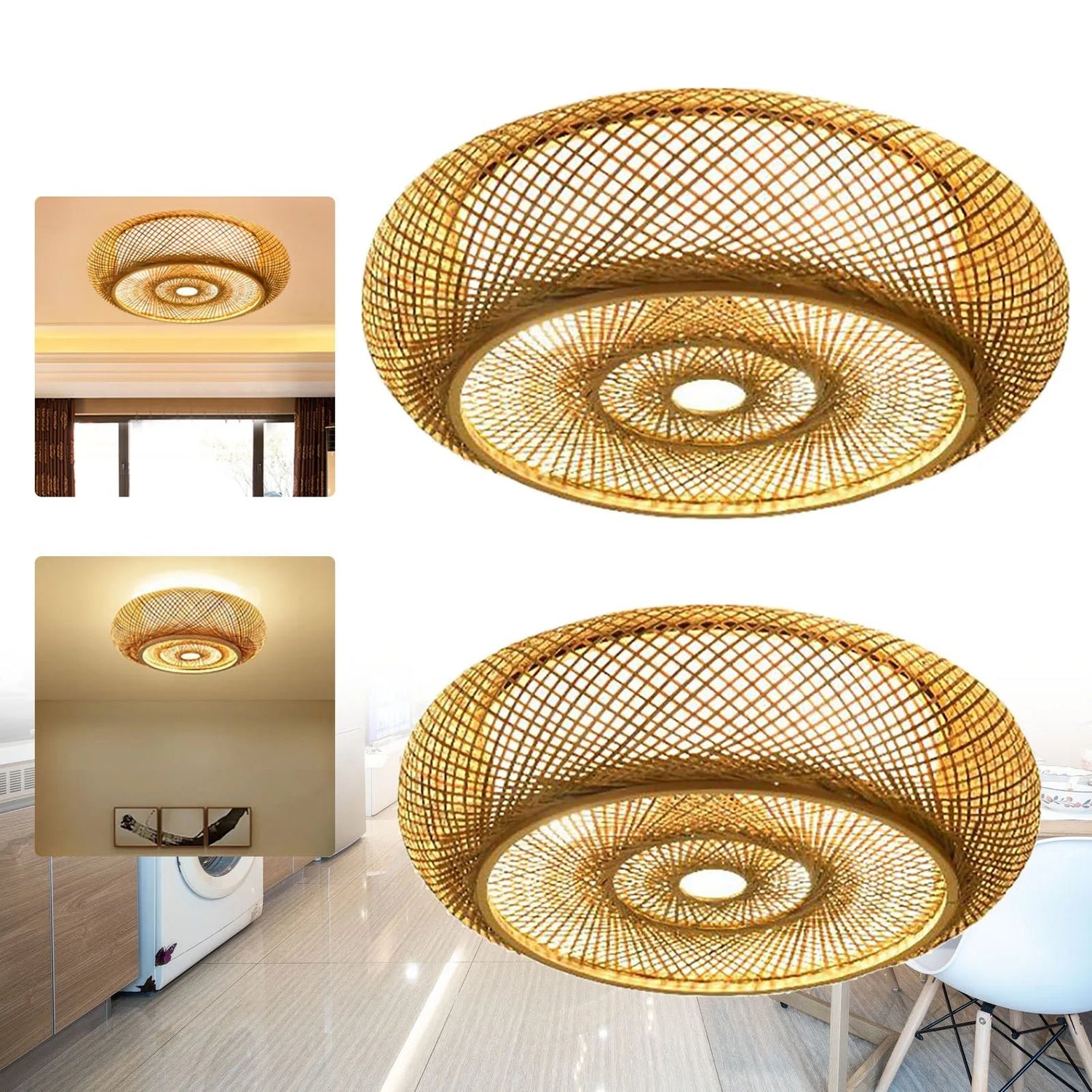 Asian Rustic Bamboo Flush Mount Ceiling Light 3 - Lamp Antique Rattan Ceiling Light Weaving Lantern Lighting Fixture - VELORA LABS
