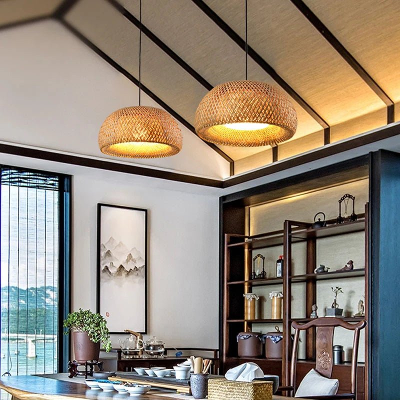 Natural Hand - Woven bamboo Lantern pendant lamp Rattan Wicker Retro Restaurant Hanging Light Handmade Lampshade E27 light fixture - VELORA LABS